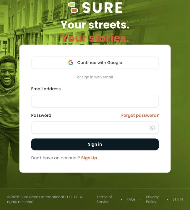 Sure Streets web application login experience